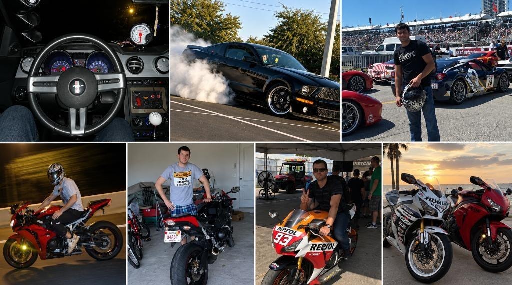 Motorsports collage — Mustang interior, black Mustang burnout, driver at St. Pete race grid, night motorcycle ride, CBR 1000RR builds, Repsol Honda MotoGP bike, and sunset beach ride